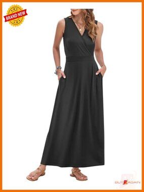 Women's Maxi Dress Sleeveless V Neck Wrap Sundress with Pockets
